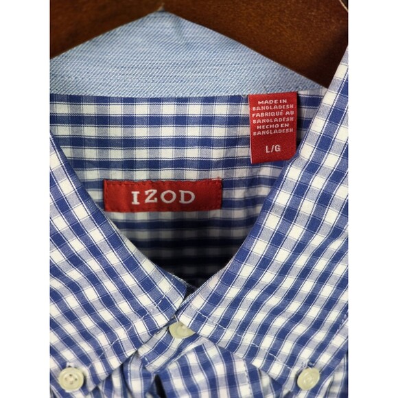 IZOD Men's Large Blue/ White Checkered Long Sleeve Button Up Shirt - Picture 3 of 7
